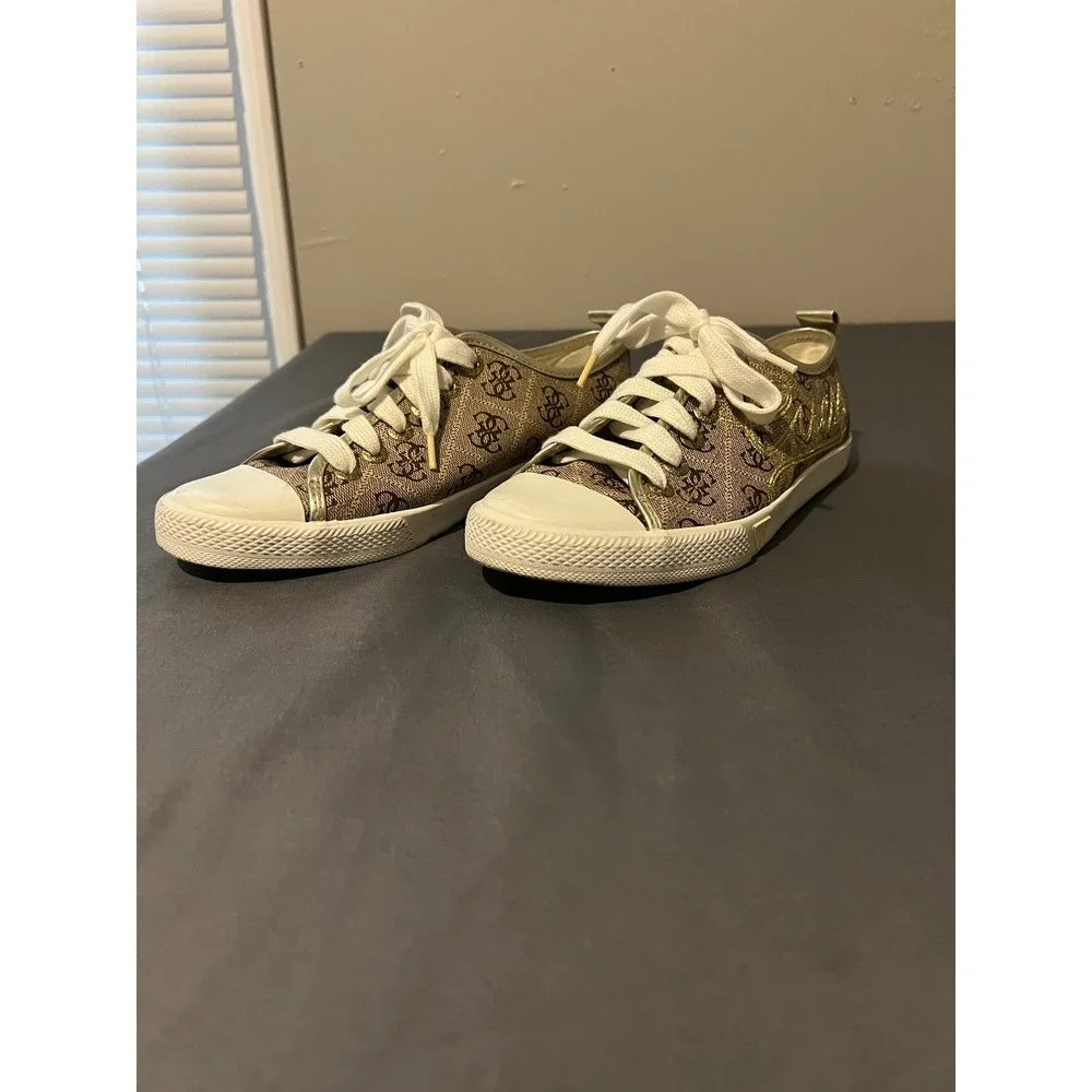 Guess Women Brown Logo‎ Jacquard Gold Glitter Fashion Sneakers Size 5.5